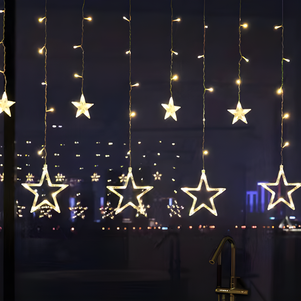 LED Star Curtain Lights – Warm White, Timer Function