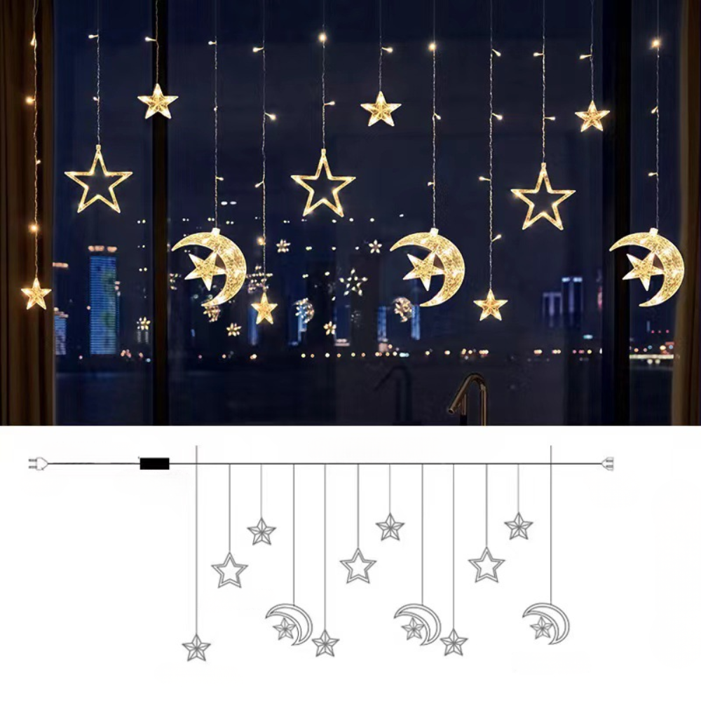 LED Star Curtain Lights – Warm White, Timer Function