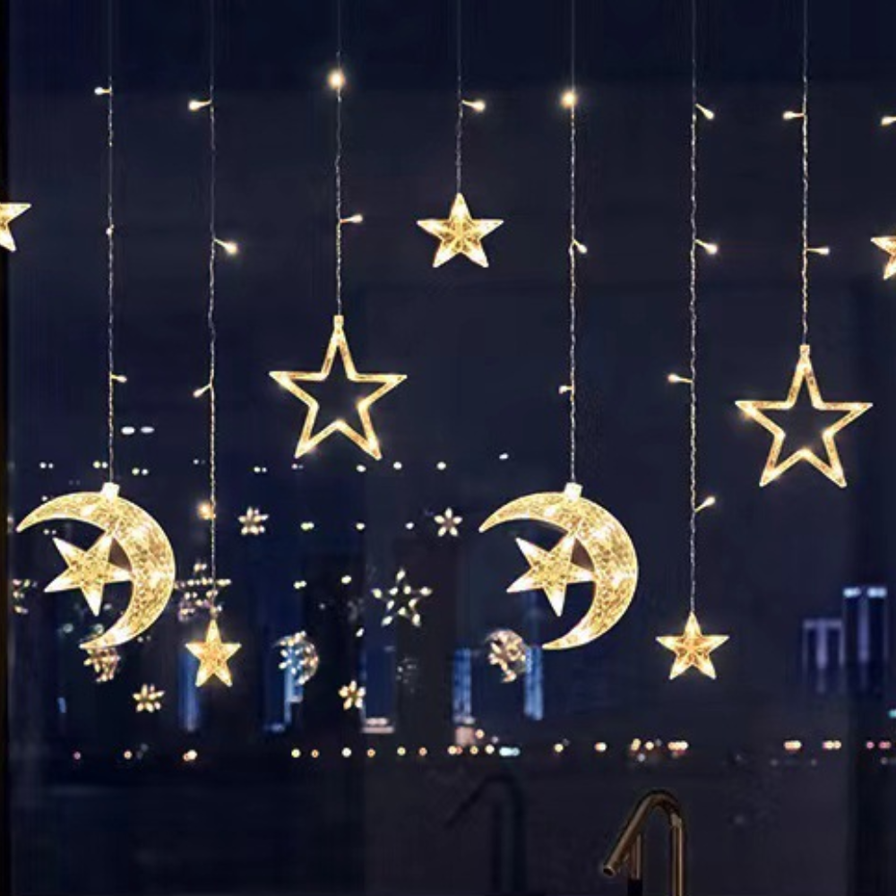 LED Star Curtain Lights – Warm White, Timer Function