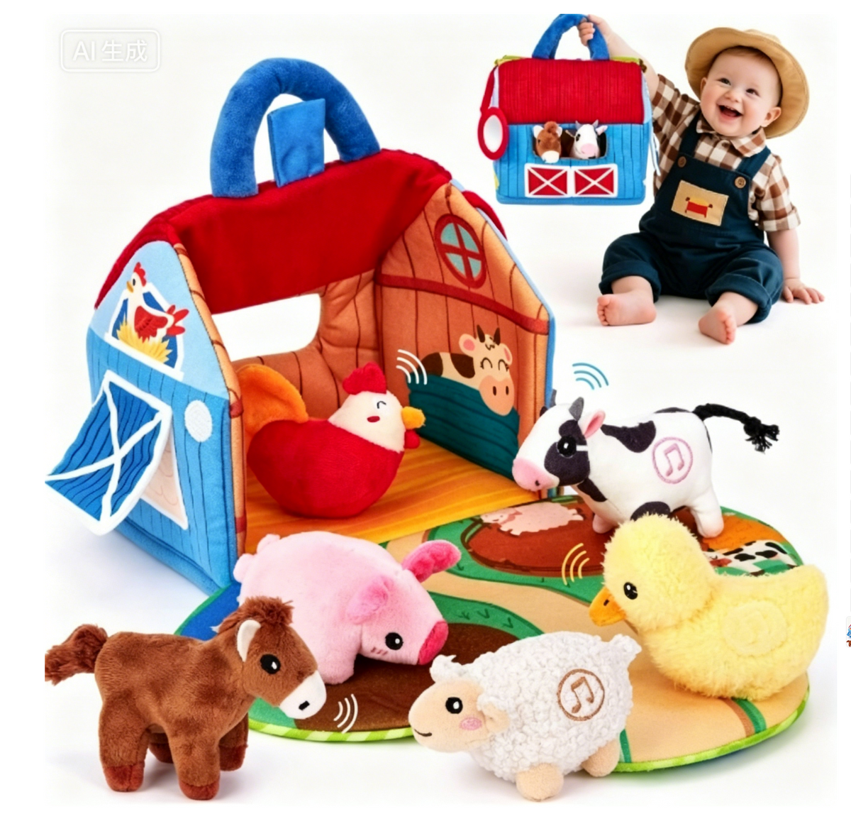 FarmPlayset Farm Toy for Kids, Plush Toys with Portable Play House