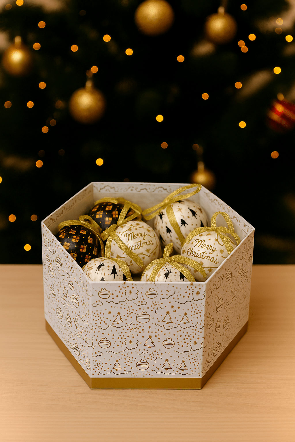 "Modern X-Mas" bauble box, 15-piece – Black/White/Gold