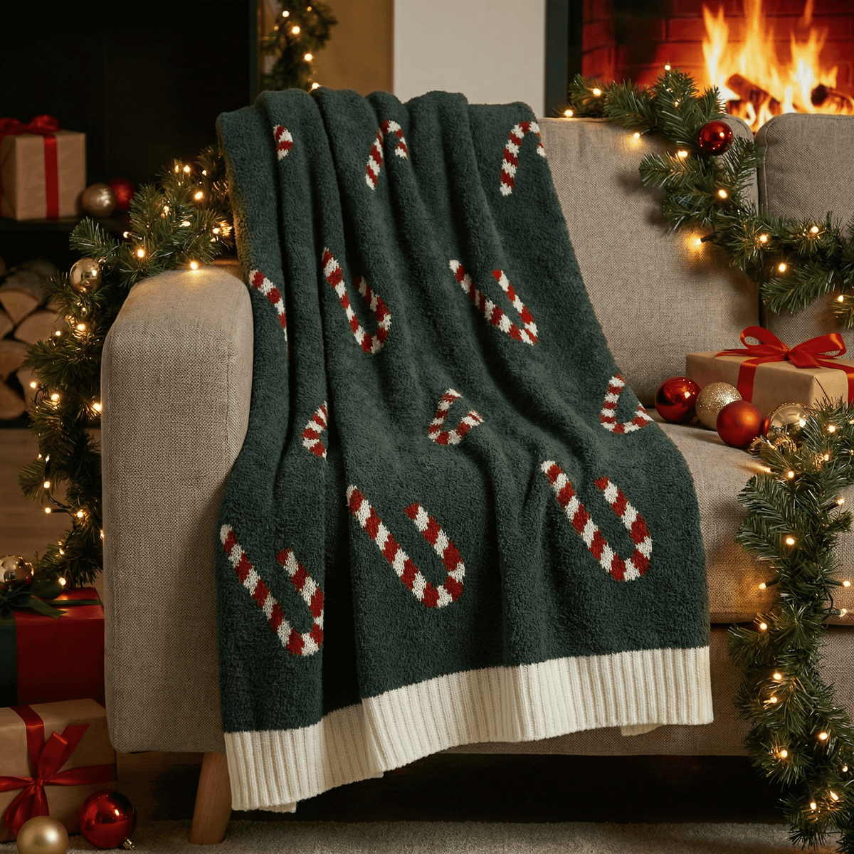 "Candy Cane" Throw Blanket – Green/Red/White 170x130 cm