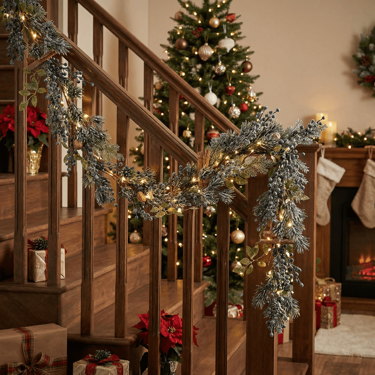 Wintry fir garland with blue berries – 180 cm