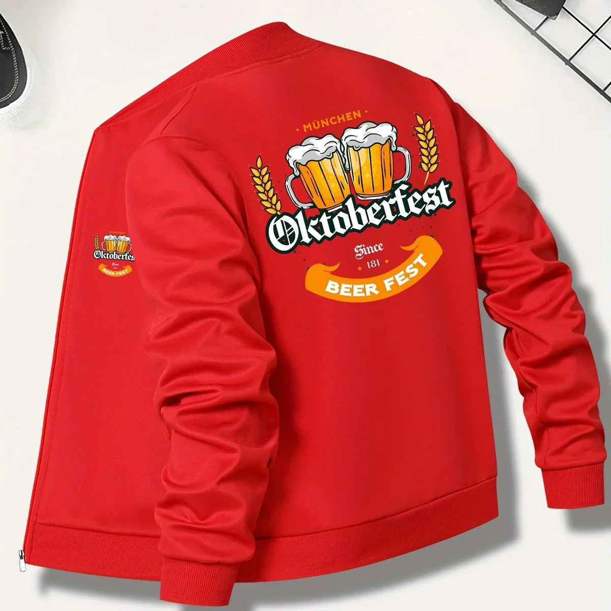 Oktoberfest Men's Bomber Jacket, Beer Mug Print, Bavarian