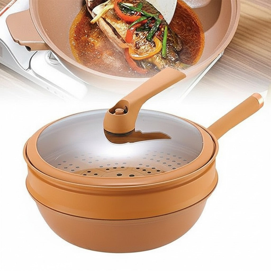 Non-stick wok with lid & steamer basket