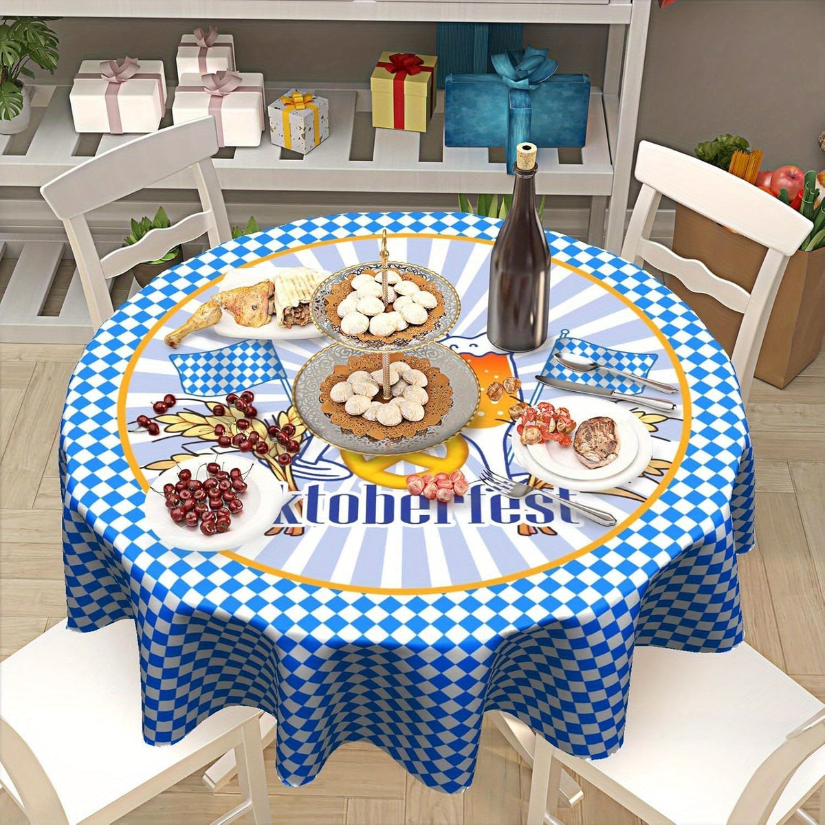 Oktoberfest Tablecloth Round, Bavarian Diamond Pattern Polyester