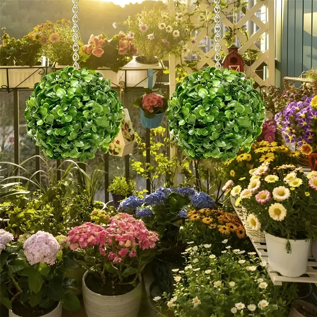 Zwei BallPlant Kunstpflanzenkugeln in Grün hängend im Garten