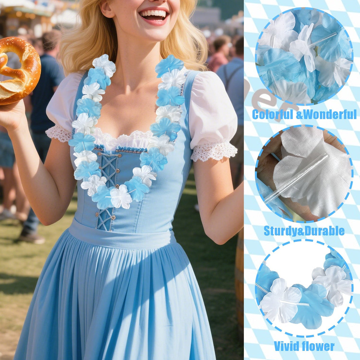 Oktoberfest decorative chains flower garland, blue and white, 24 pieces