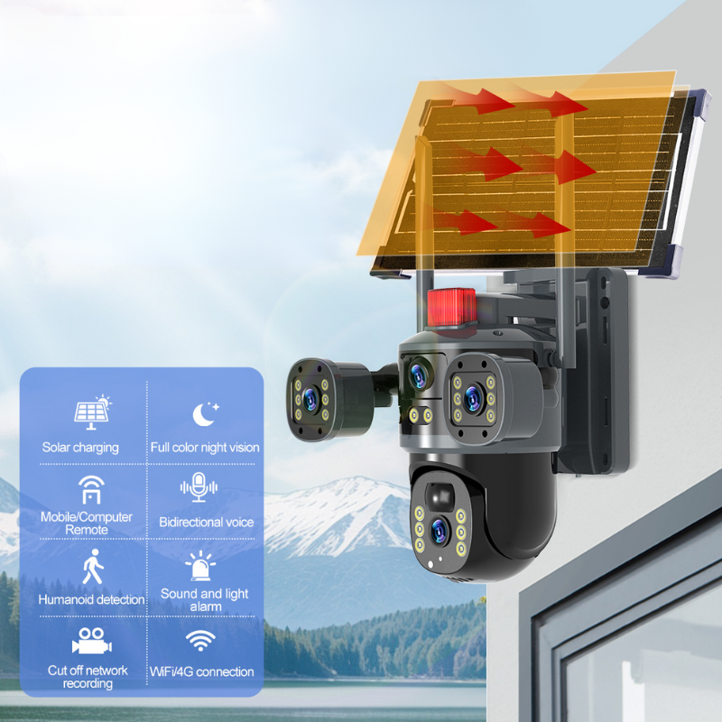 Dome Camera – Solar-powered surveillance camera with triple lens, black