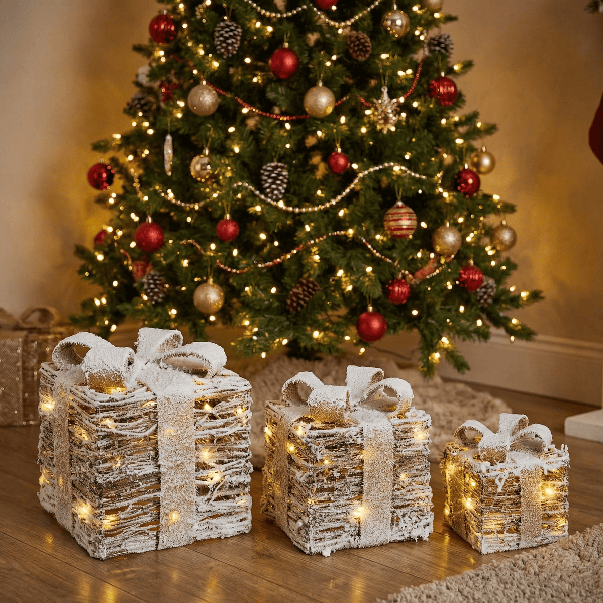 LED Decorative Gift Boxes with Decorative Snow – Set of 3
