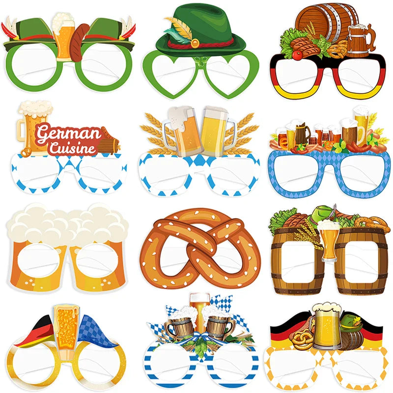 Oktoberfest photo glasses, 12-piece set made of paper, party accessory beer mug pretzel