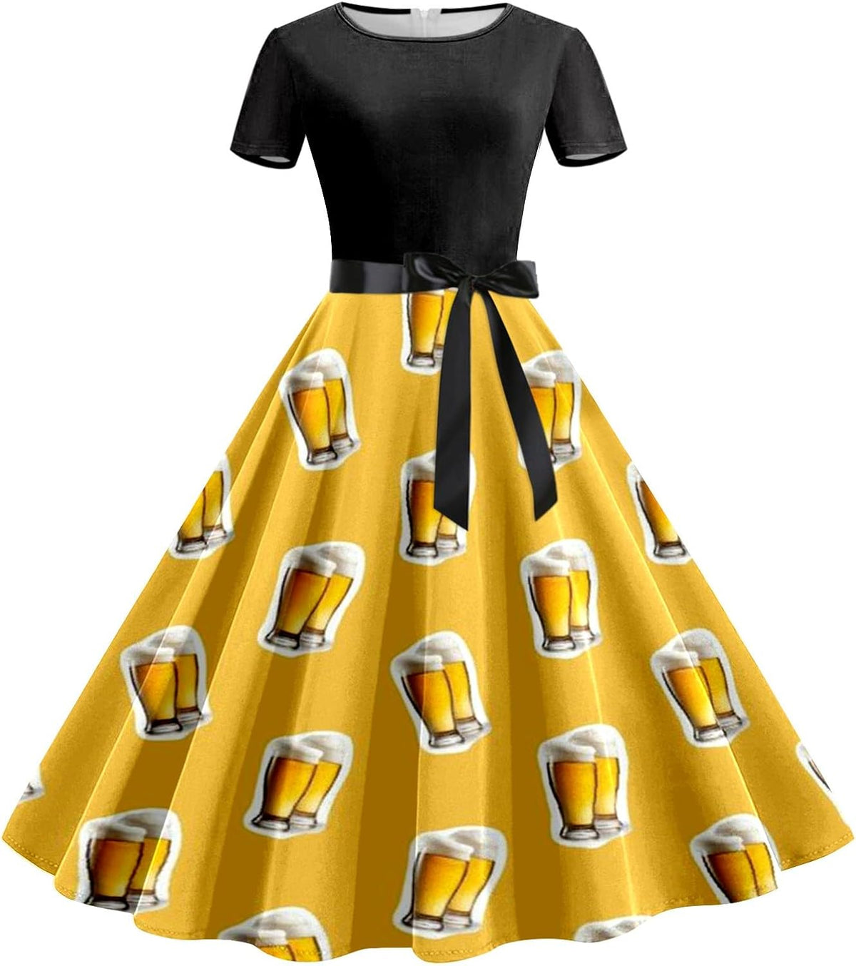 Women's Oktoberfest Dirndl Dress, Beer Mug Print with Waistband