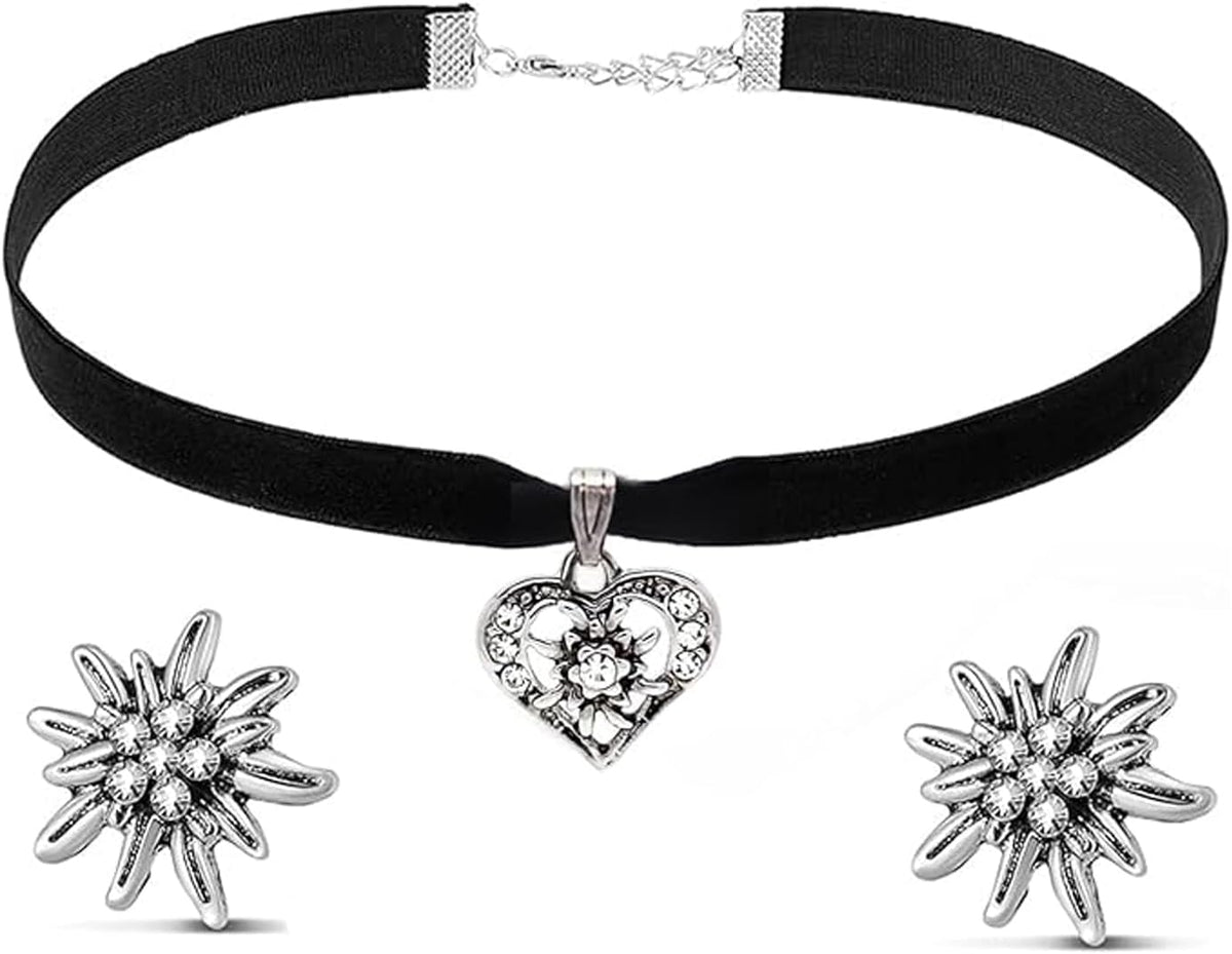 Traditional jewelry set, edelweiss heart pendant, WiesnGlanz