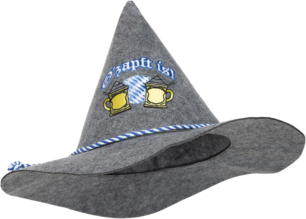 Oktoberfest traditional hat Hansl, “O’zapft is” embroidery, grey