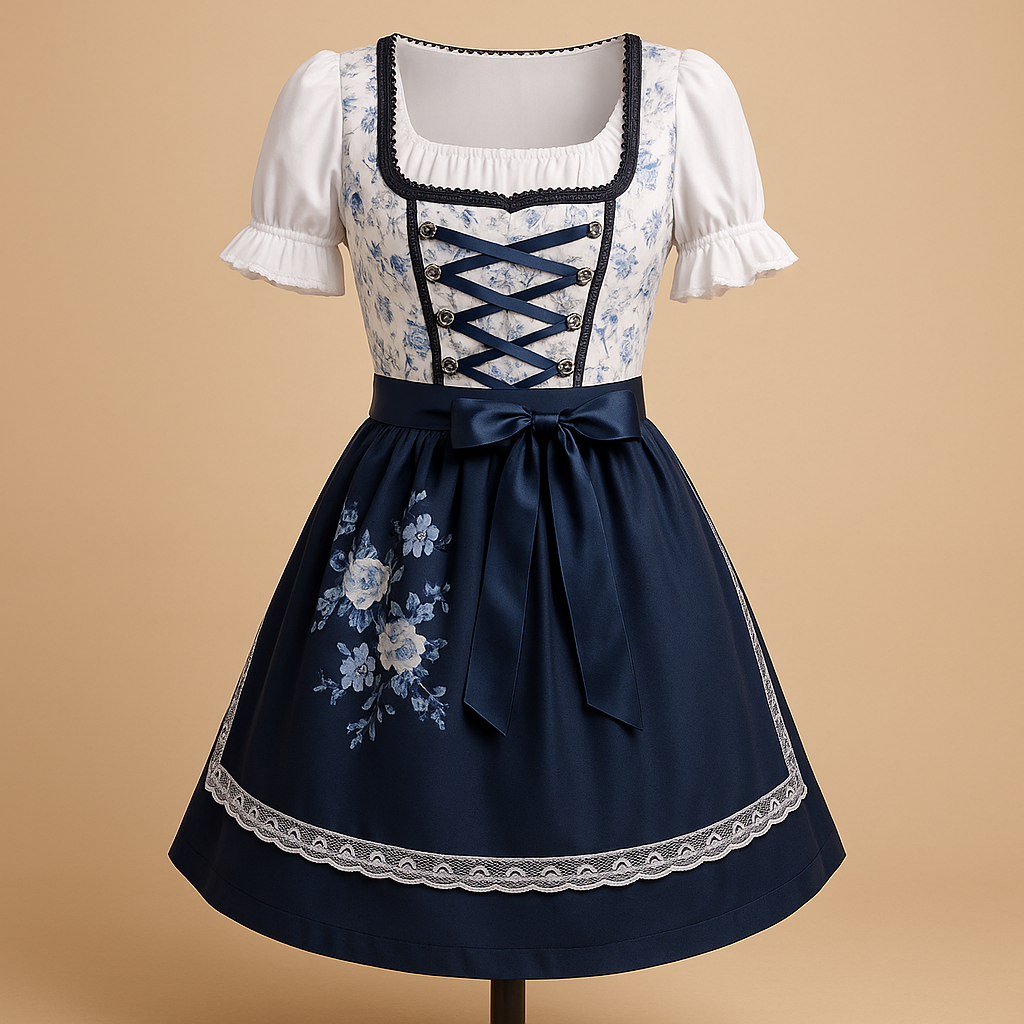 Women's Oktoberfest Dirndl, Traditional Dress with Lace Details Blue-White Waist Cut
