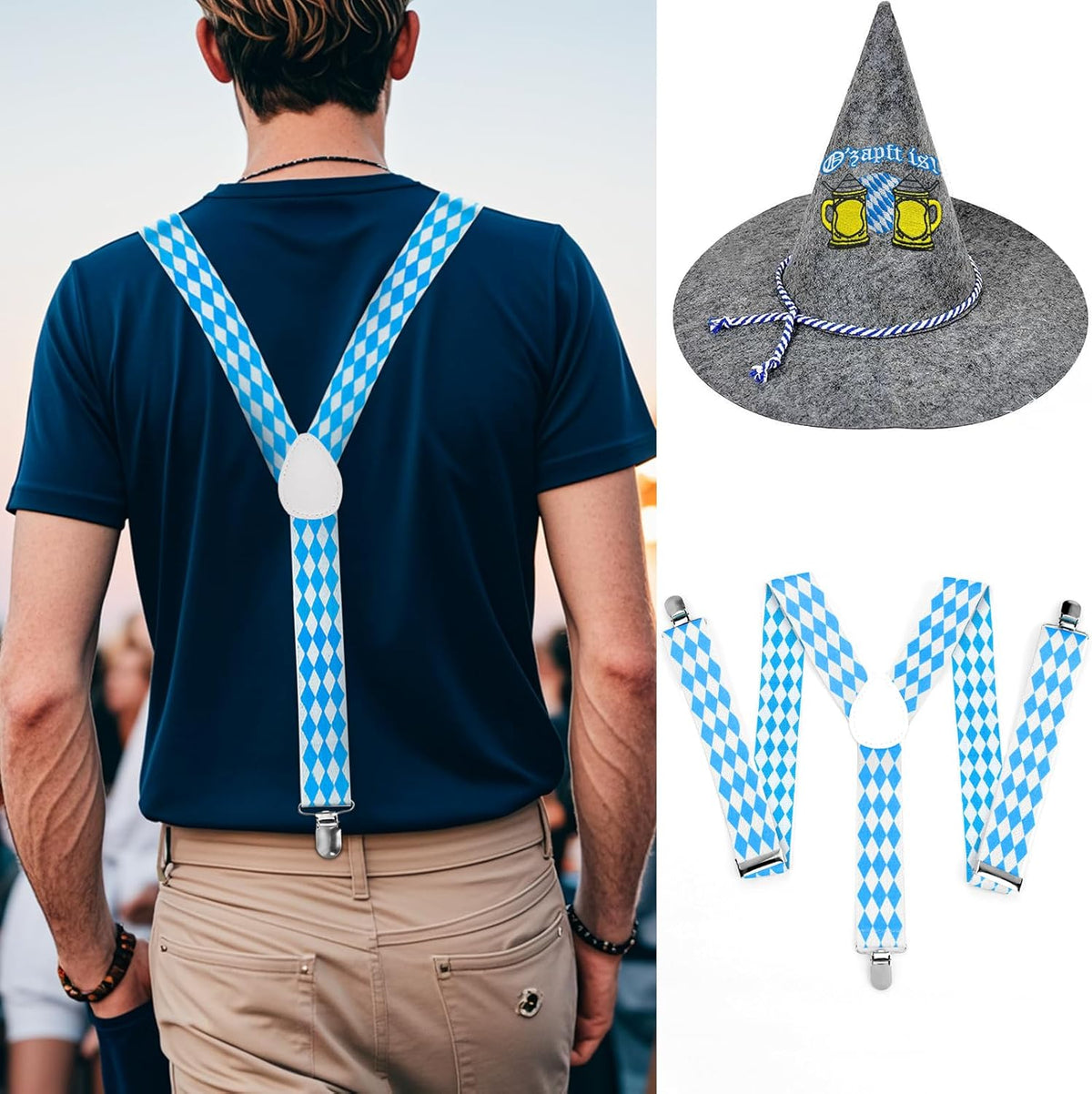 Oktoberfest Traditional Outfit Set, Felt Hat & Grey Suspenders