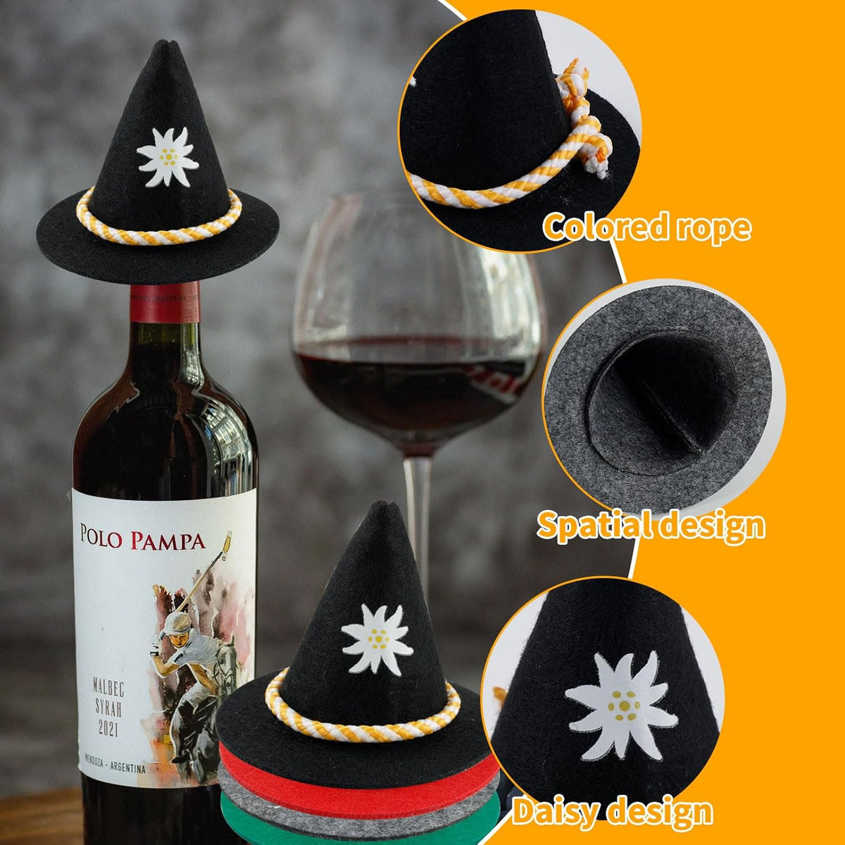 Oktoberfest Mini Felt Trachten Hats, Colorful, Bottle Decorations, Set of 12