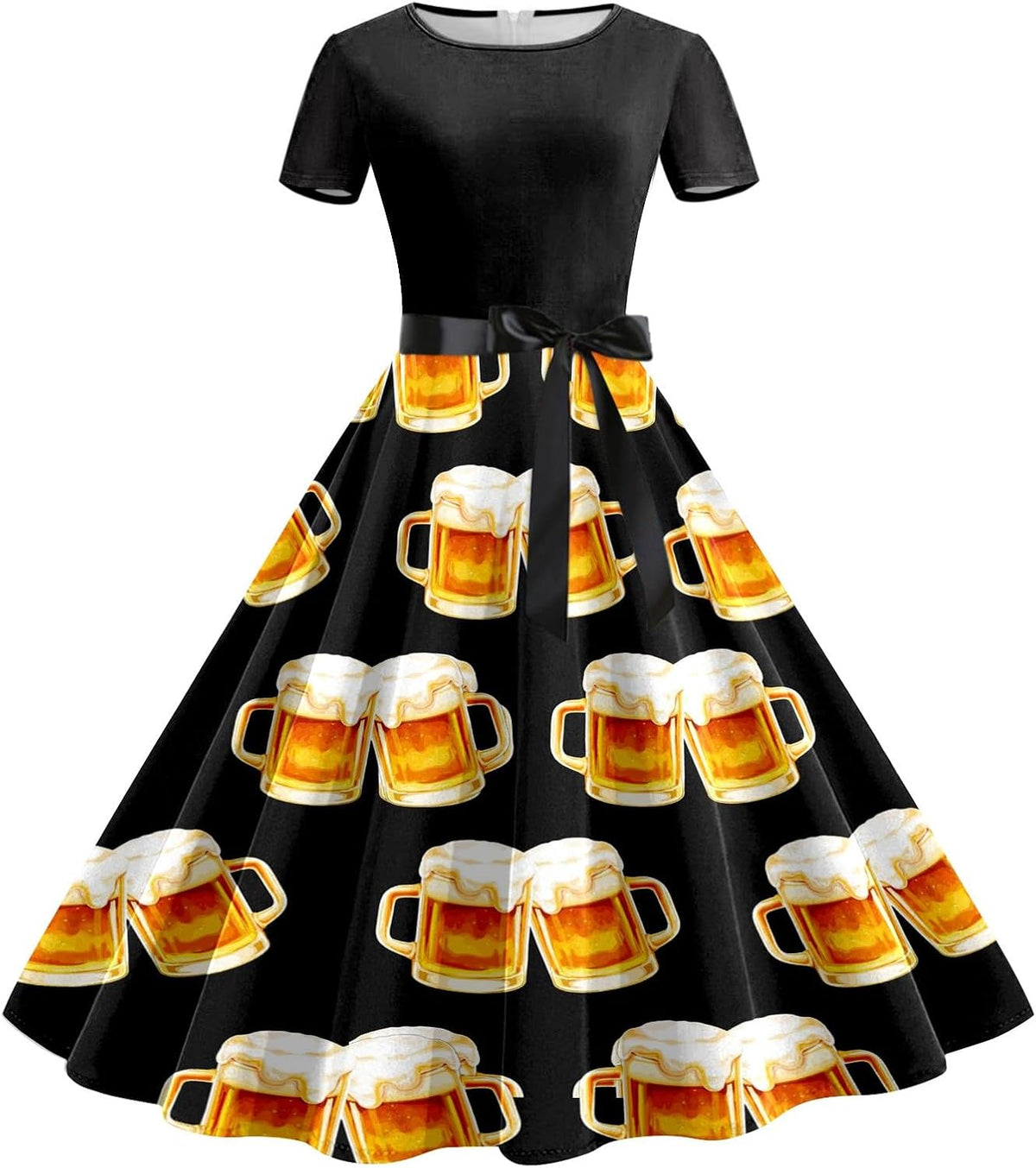 Women's Oktoberfest Dirndl Dress, Beer Mug Print with Waistband