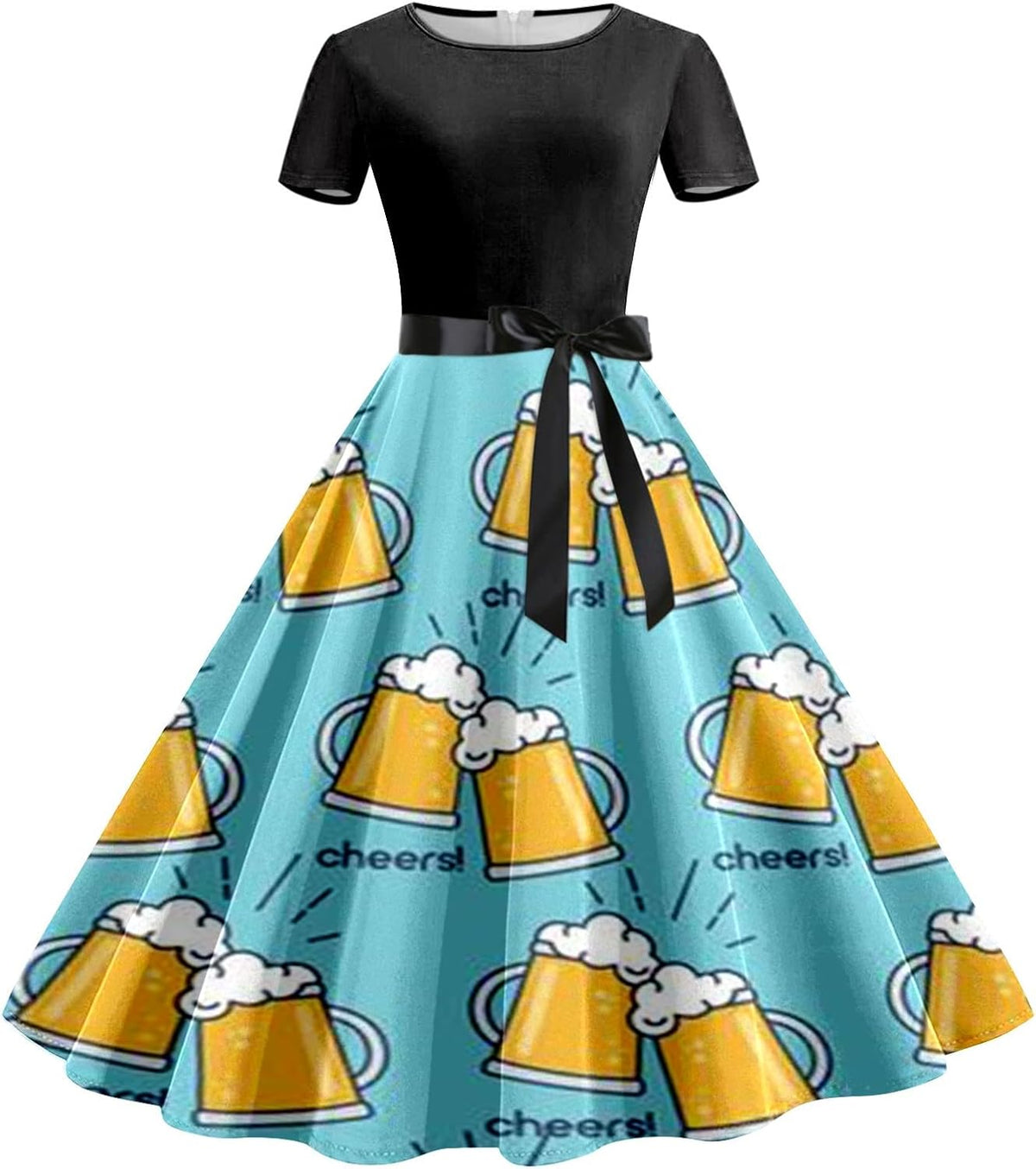 Women's Oktoberfest Dirndl Dress, Beer Mug Print with Waistband