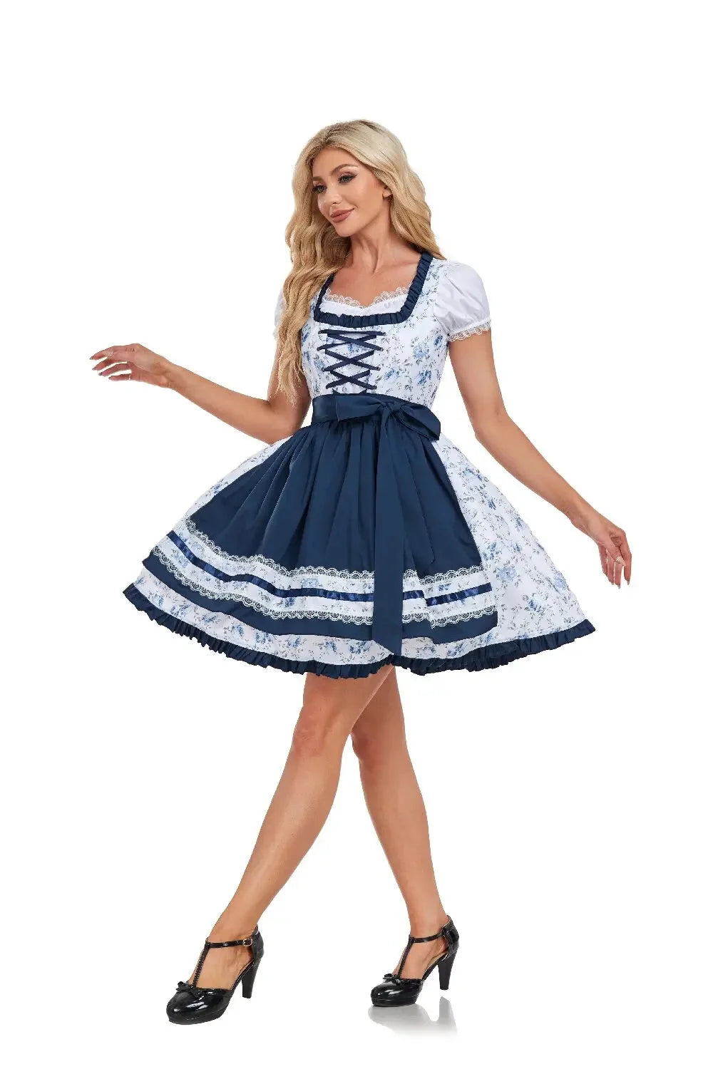 Women's Oktoberfest Dirndl Blue-Plaid, Traditional Dirndl Dress with Apron