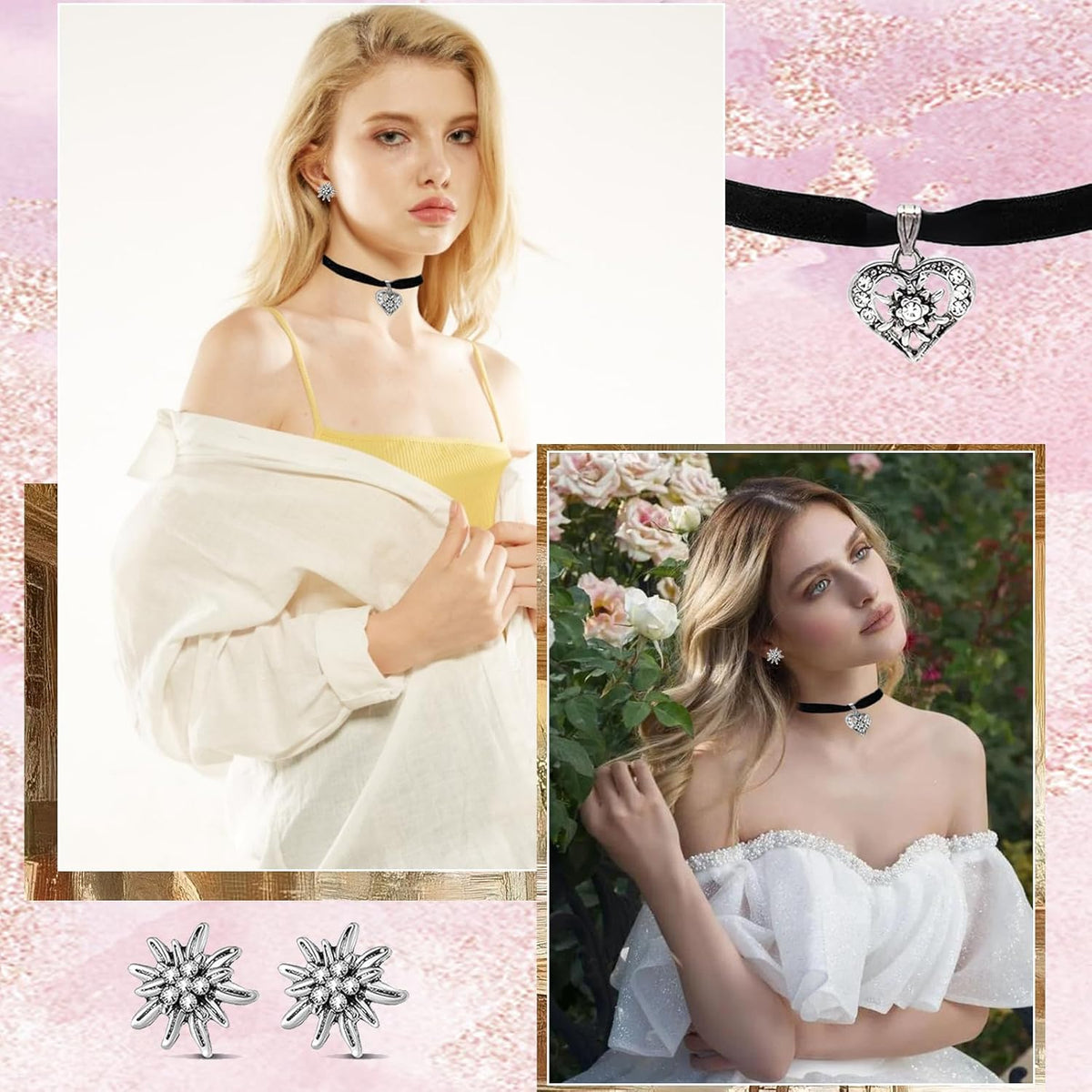 Traditional jewelry set, edelweiss heart pendant, WiesnGlanz