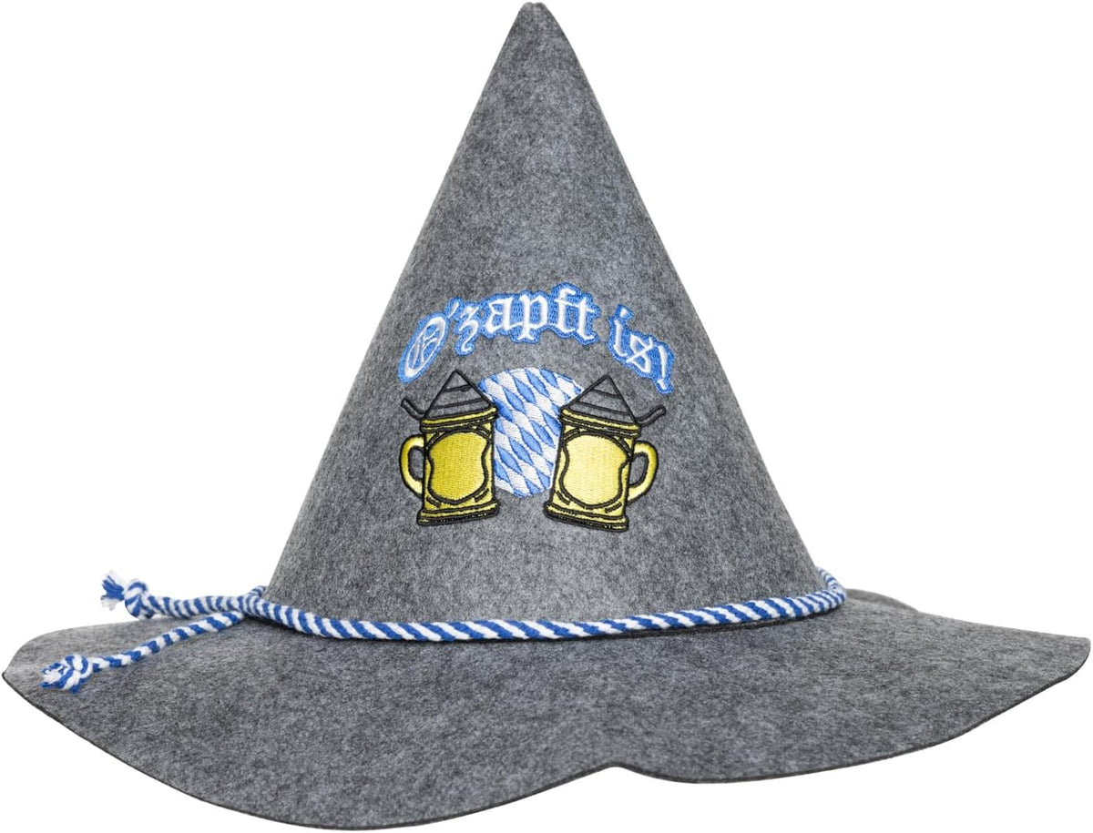 Oktoberfest traditional hat Hansl, “O’zapft is” embroidery, grey