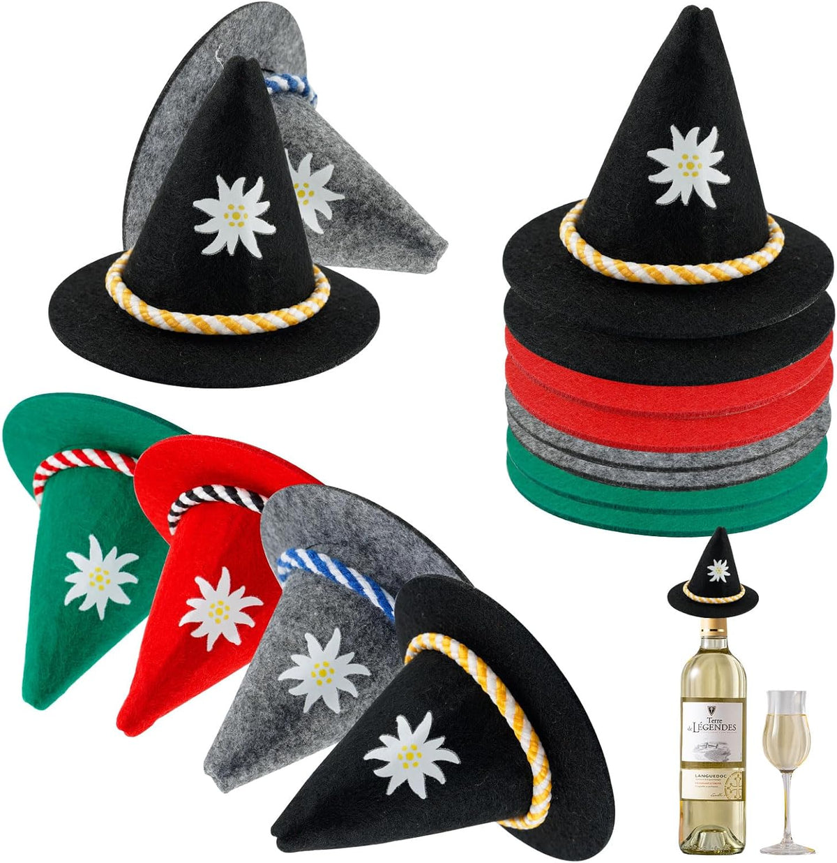 Oktoberfest Mini Felt Trachten Hats, Colorful, Bottle Decorations, Set of 12
