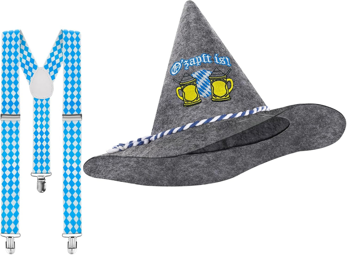 Oktoberfest Traditional Outfit Set, Felt Hat & Grey Suspenders