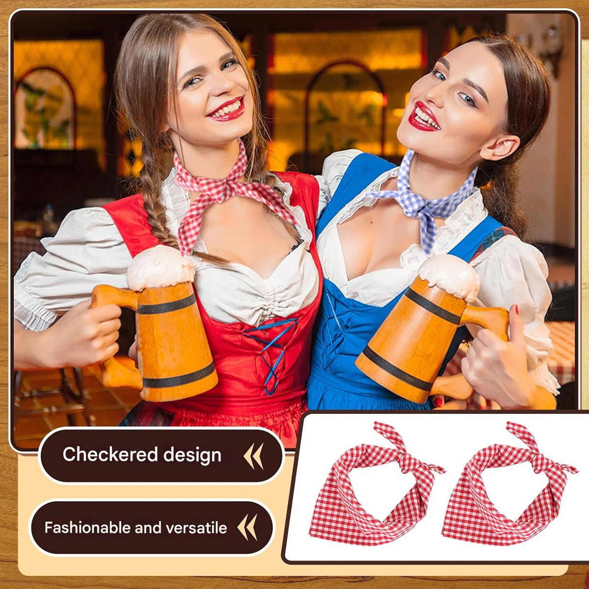 Traditional checkered neckerchief for Oktoberfest, unisex 2-piece set