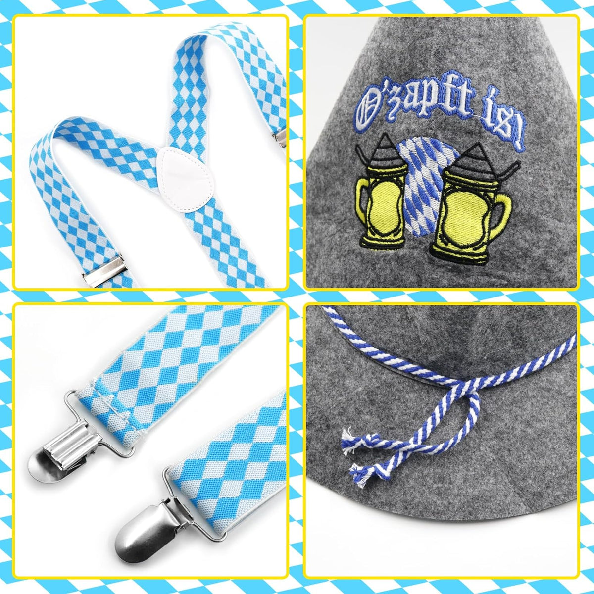 Oktoberfest Traditional Outfit Set, Felt Hat & Grey Suspenders