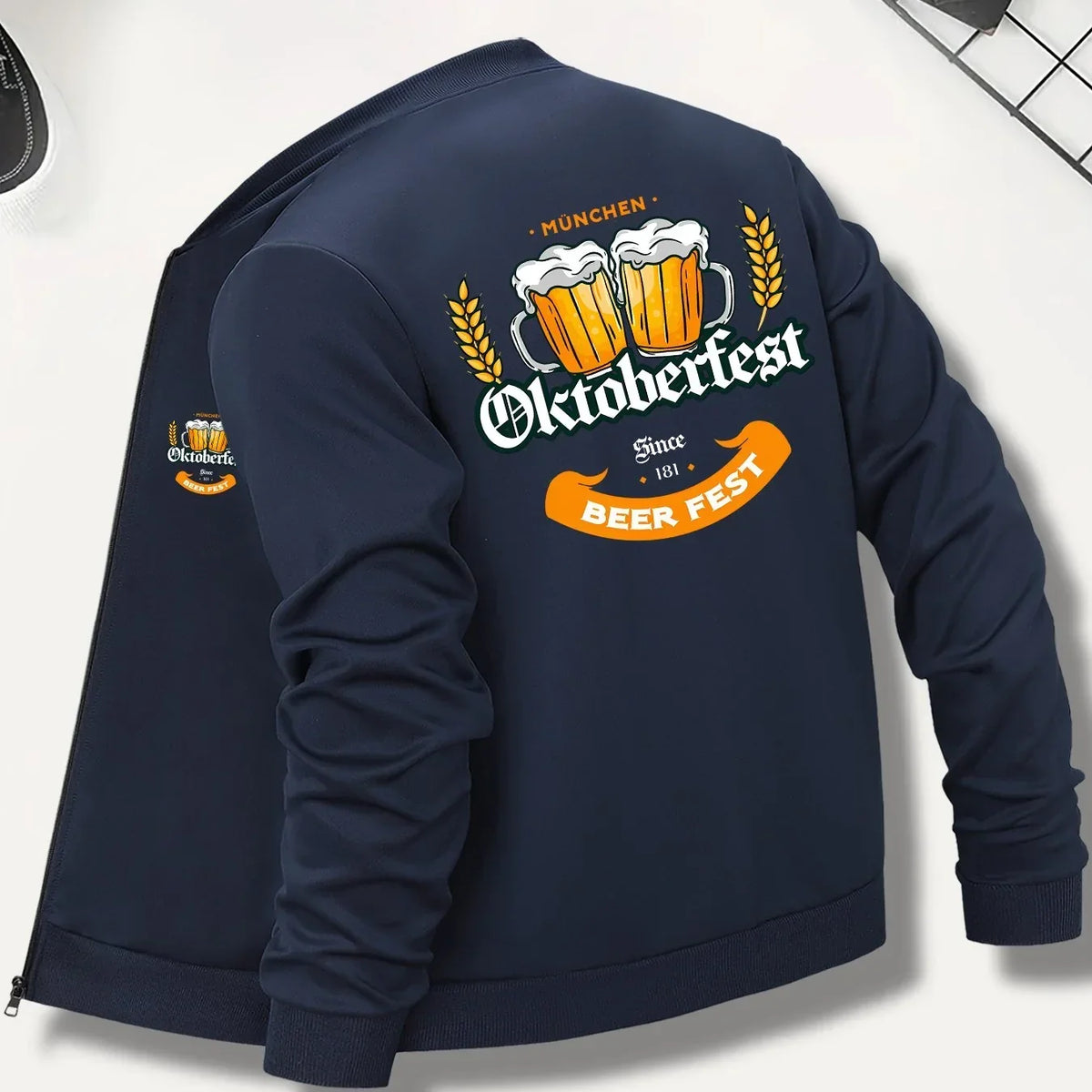 Oktoberfest Men's Bomber Jacket, Beer Mug Print, Bavarian