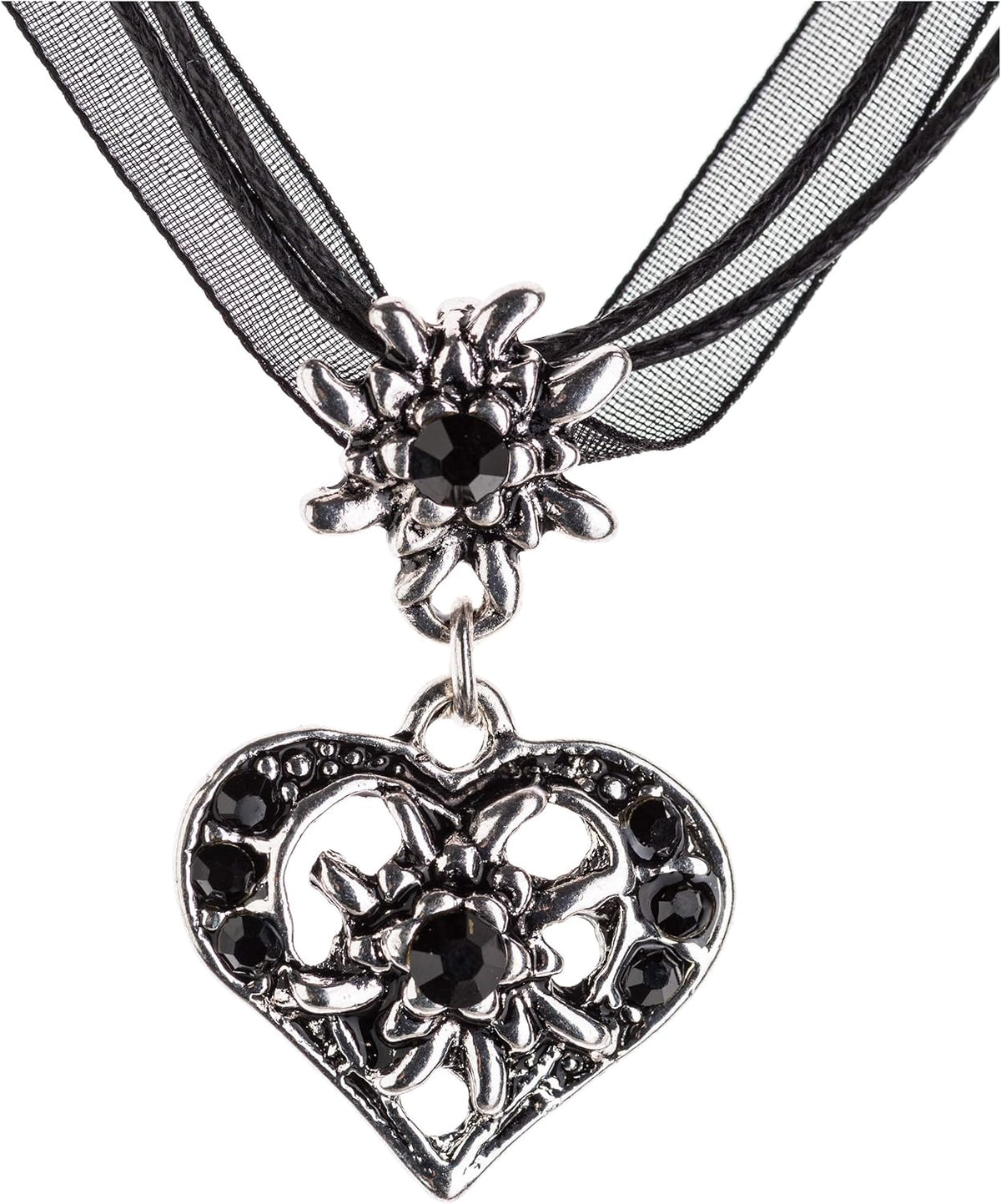 Traditional costume jewelry edelweiss heart necklace, rhinestone black