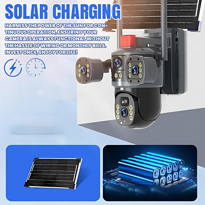 Dome Camera – Solar-powered surveillance camera with triple lens, black