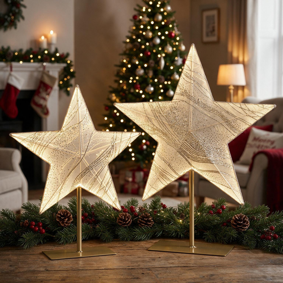 Christmas star with LED lighting – 2-piece value set