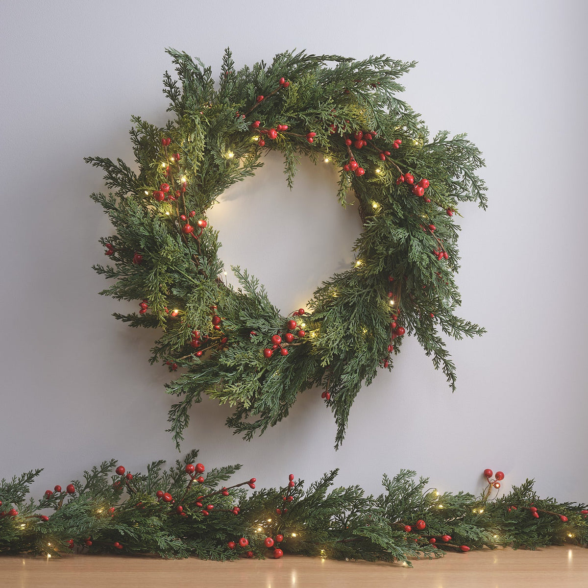 Lighted wreath & garland set with red berries