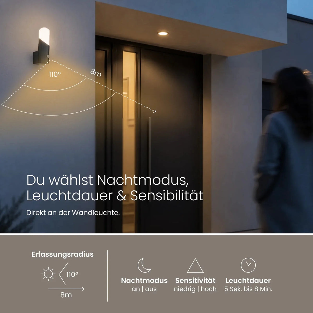 Wandleuchte LIVOR mit Sensor bei Nacht leuchtend