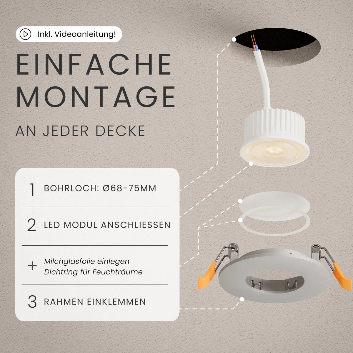Recessed spotlight NUA dimmable, 510lm, IP44, CRI90+