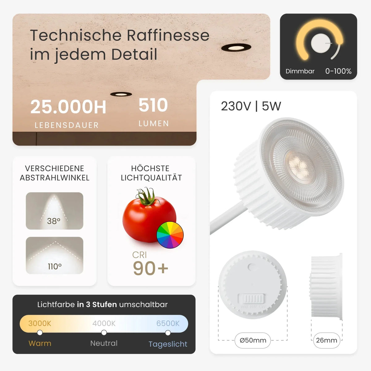 Recessed spotlight NUO dimmable, 510lm, CRI90+