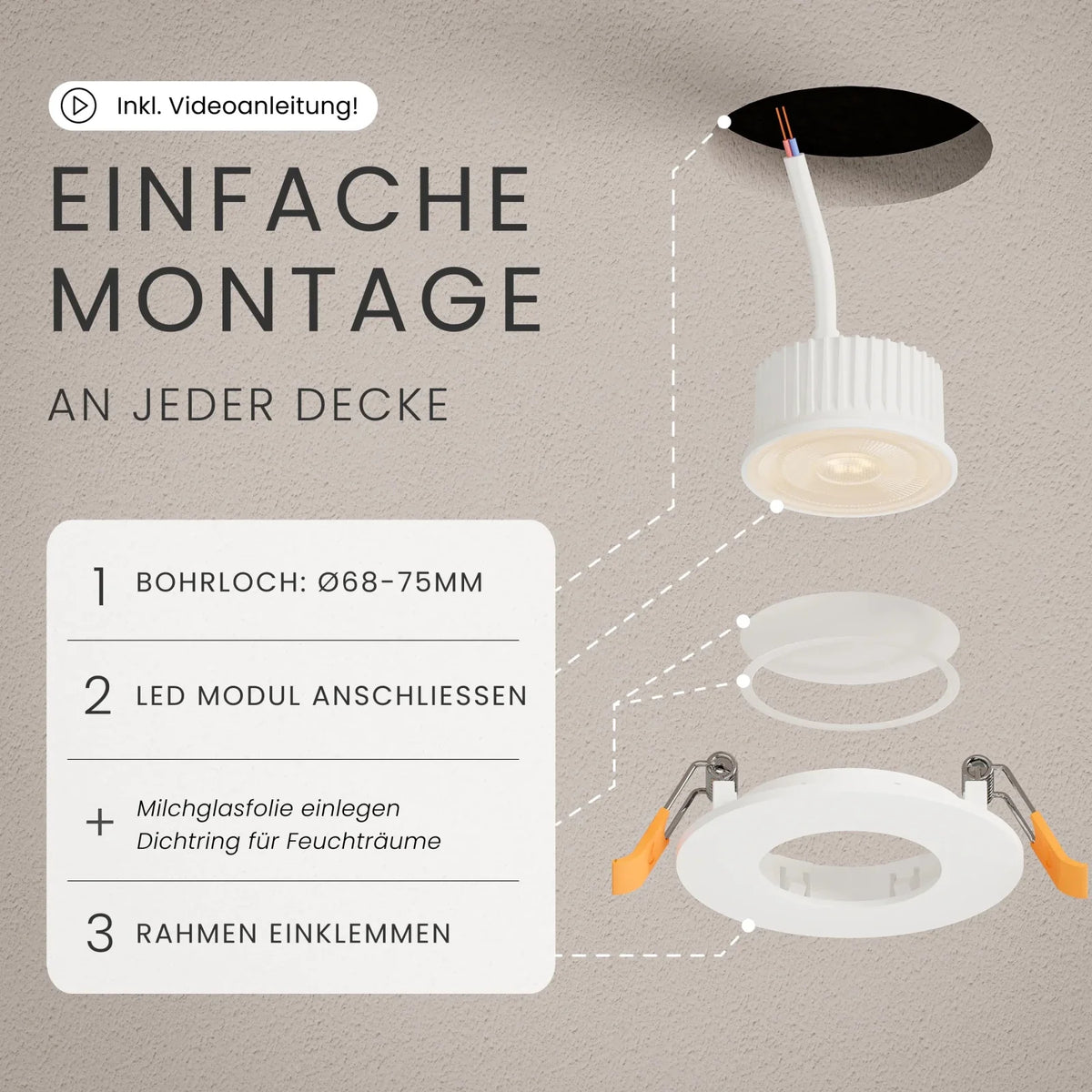 Recessed spotlight NUA dimmable, 510lm, IP44, CRI90+
