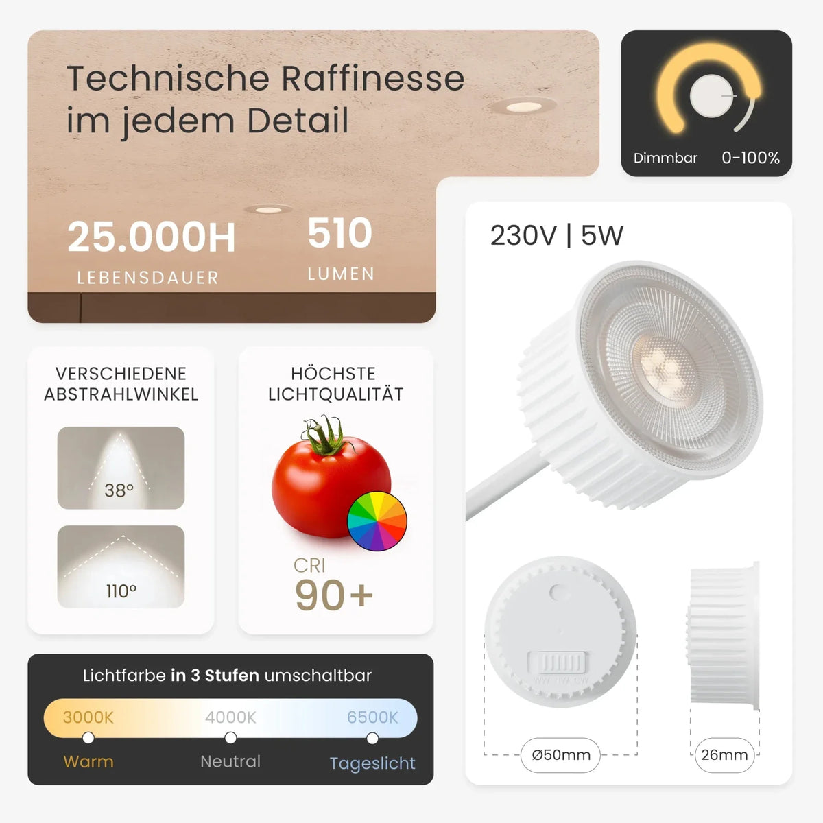 Recessed spotlight NUA dimmable, 510lm, IP44, CRI90+
