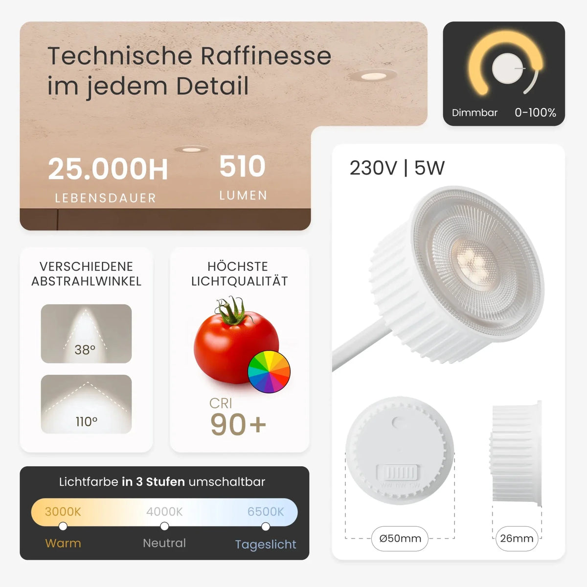 Recessed spotlight NUO dimmable, 510lm, CRI90+