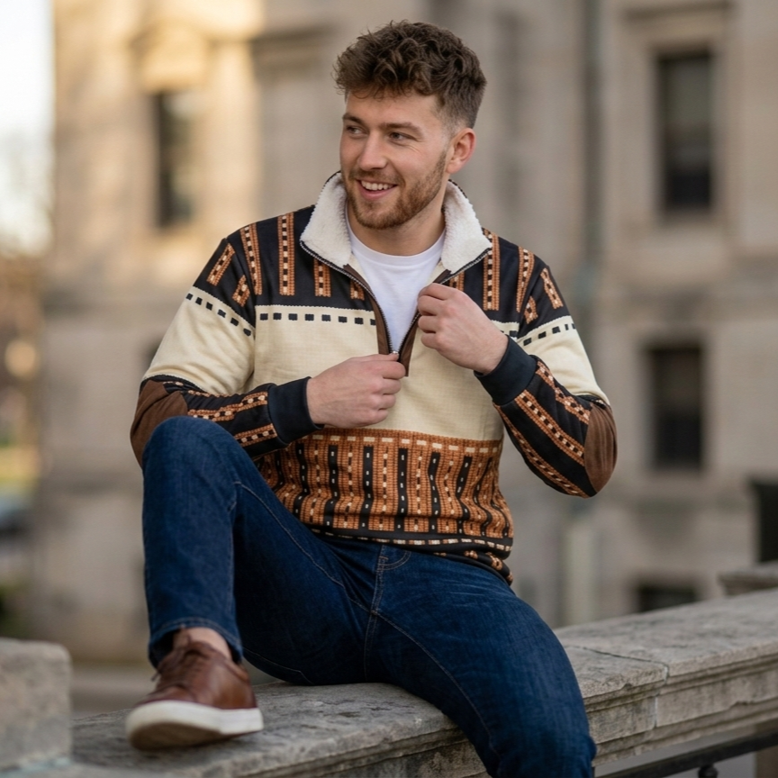 Retro Men's Half-Zip Sweatshirt with Stand-Up Collar