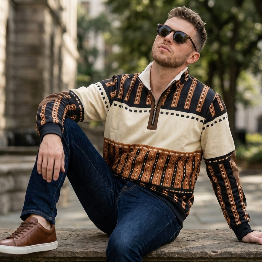 Retro Men's Half-Zip Sweatshirt with Stand-Up Collar
