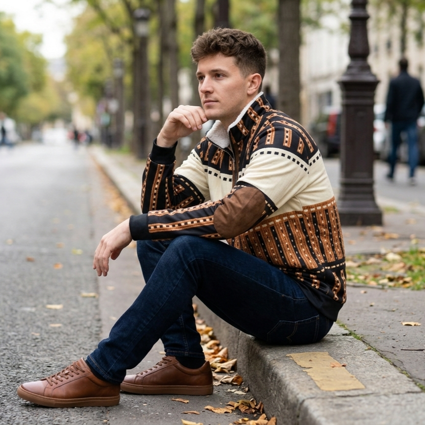 Retro Men's Half-Zip Sweatshirt with Stand-Up Collar