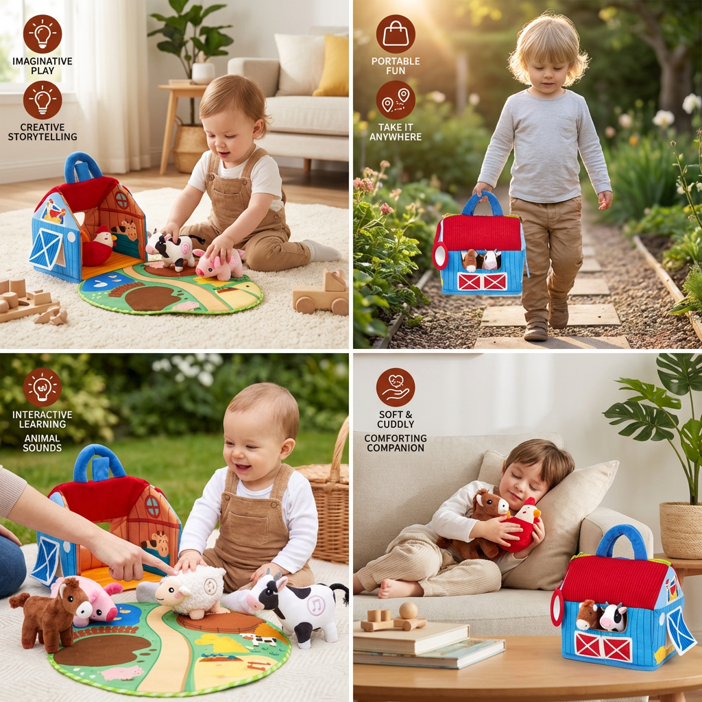 FarmPlayset Farm Toy for Kids, Plush Toys with Portable Play House
