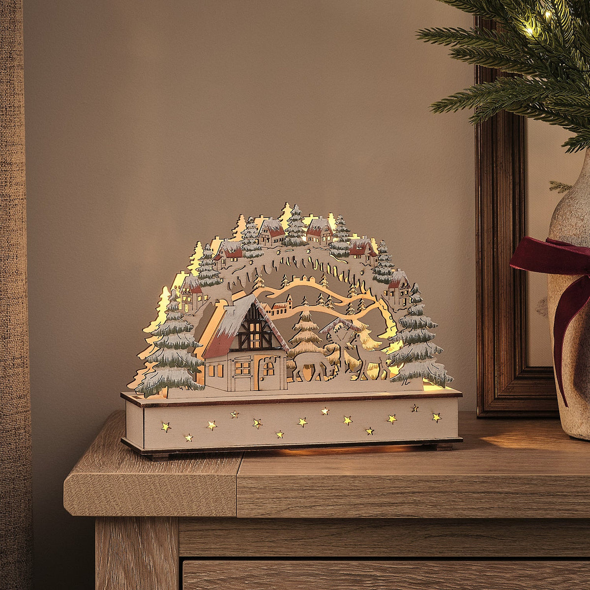 Wooden LED Christmas village with reindeer