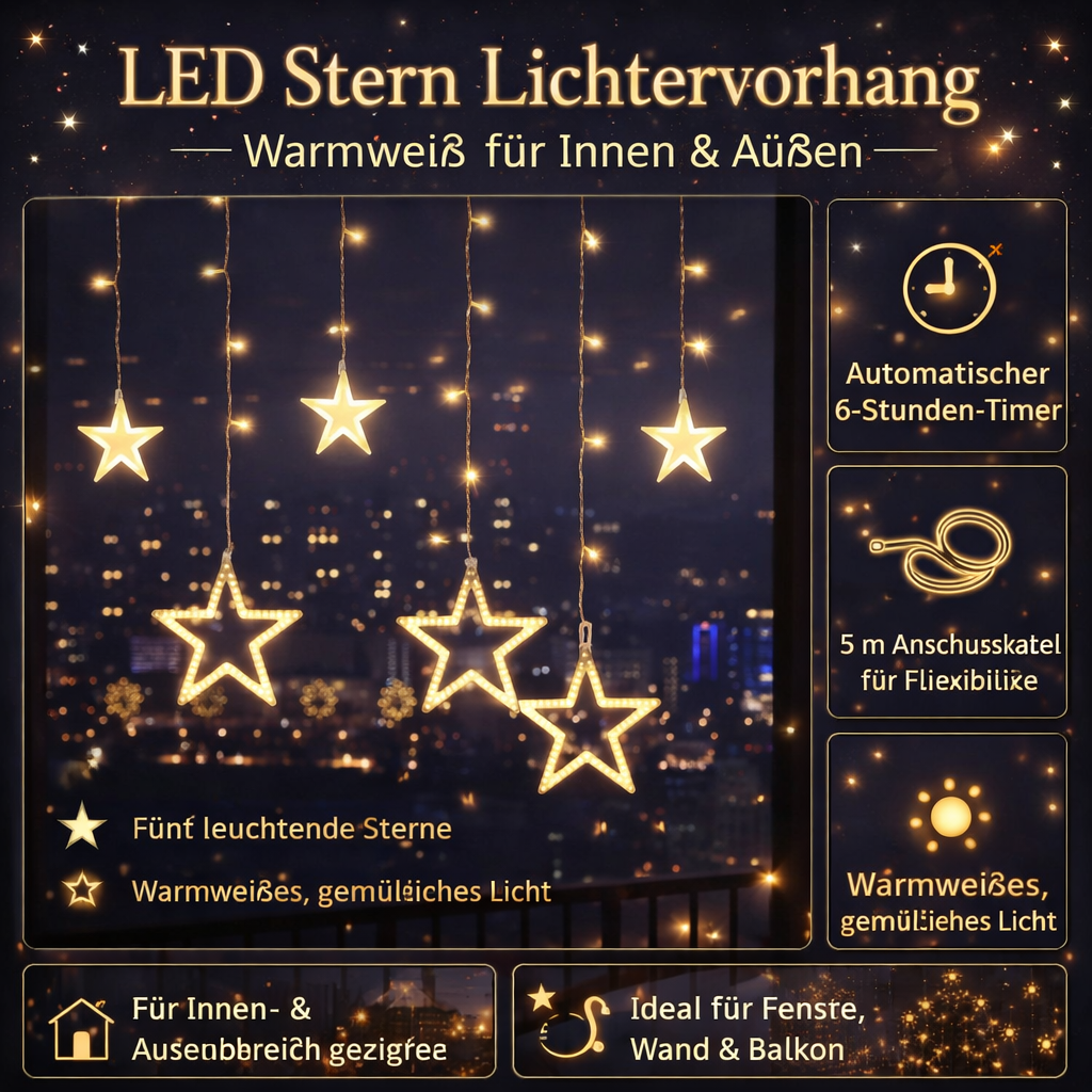 LED Star Curtain Lights – Warm White, Timer Function