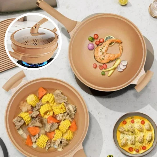 Non-stick wok with lid & steamer basket