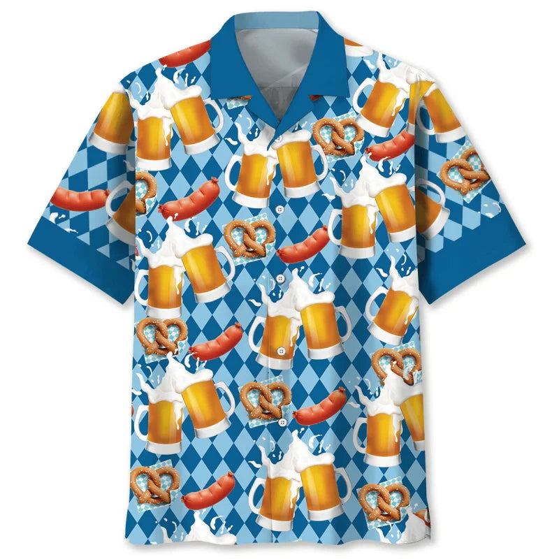 Oktoberfest Hawaiian-Style Shirt, Beer & Pretzel Pattern, Unisex