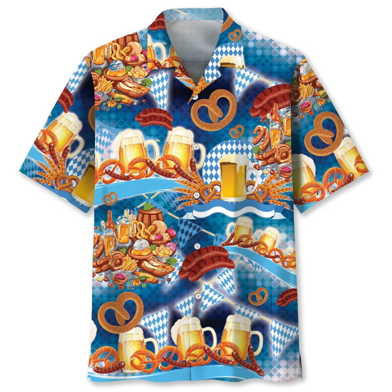 Oktoberfest Hawaiian-Style Shirt, Beer & Pretzel Pattern, Unisex